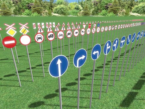 Примеры 3d моделей дорожных знаков из дополнительной библиотеки Realtime landscaping architect. Скачать базу flokus.ru